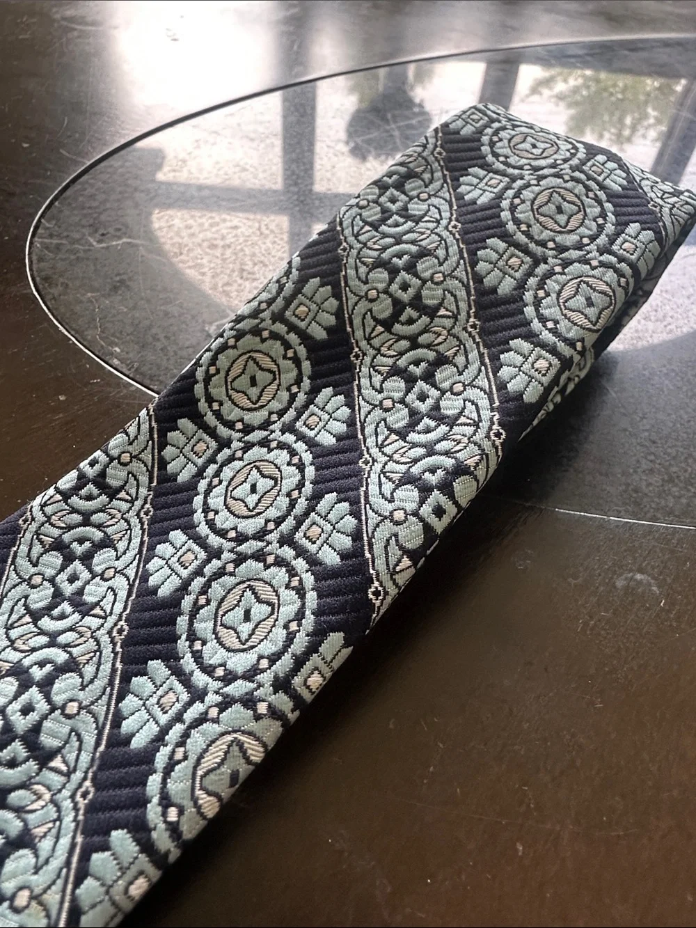 Vintage Haband Made in Como Italy Navy and Light Blue Geometric Woven Tie NWOT